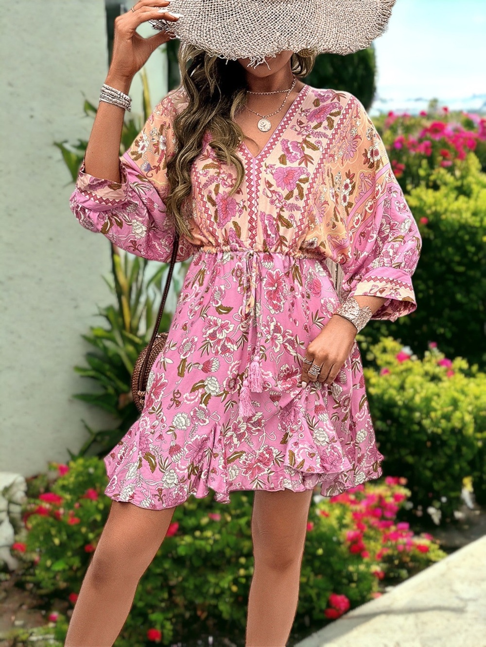 Aakaa Pink Floral V-Neck Drawstring Mini Dress Small